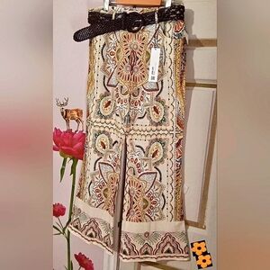 ZARA🐞Boho Mid-Rise Beige Paisley Linen Blend Flare Pants Sz: L